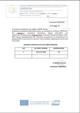 ΟΡΙΣΤΙΚΟΣ ΠΙΝΑΚΑΣ ΩΦΕΛΟΥΜΕΝΩΝ ΜΗΝΟΣ ΑΥΓΟΥΣΤΟΥ 2026