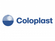 Logo of Coloplast, plus graphic which is a globe